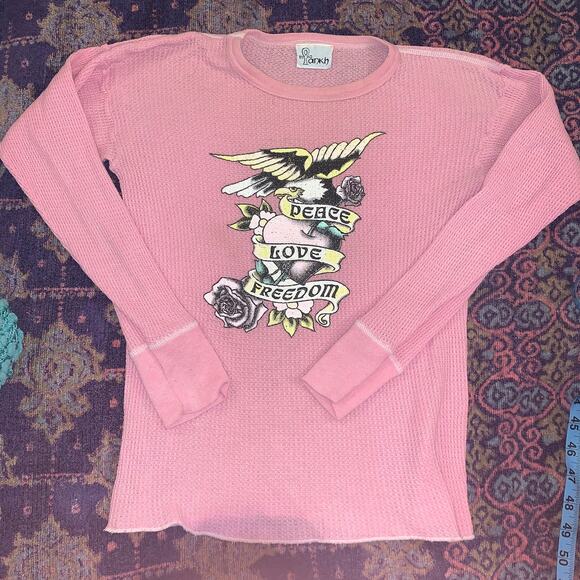 VINTAGE 90's ANKH PINK THERMAL TOP-XS-Peace Love Freedom Tattoo Biker - Picture 5 of 7